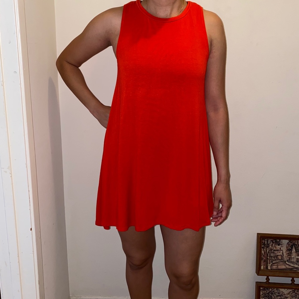Socialite reddish orange lightweight shift dress.